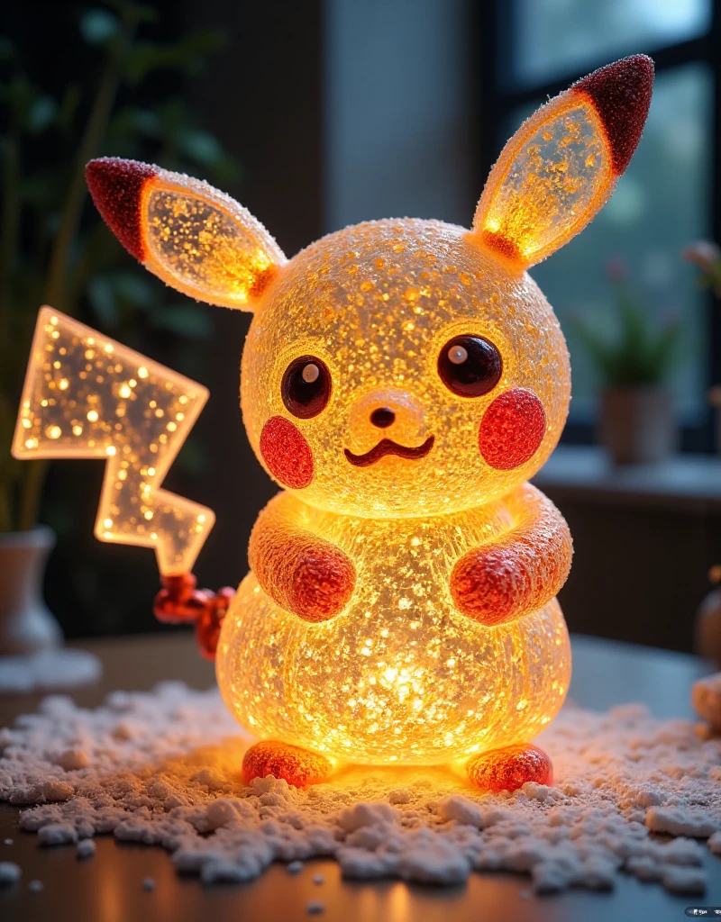 A highly detailed and realistic 3D wire art sculpture of Pikachu, the iconic Pokémon character, with intricate wire frame construction, glowing yellow fur, expressive face with large eyes, flushed face, and lightning-shaped tail , dynamic poses, ambient lighting, photo-real, (best quality, 4K, 8K, high-res, masterpiece: 1.2), extremely detailed, (real, photo-real, photo-real: 1.37), 3d wire art, hyper realistic, pokemon, cute, adorable