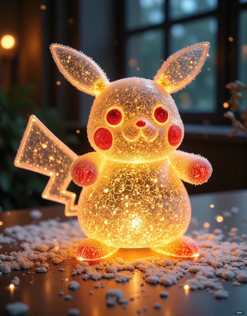 A highly detailed and realistic 3D wire art sculpture of Pikachu, the iconic Pokémon character, with intricate wire frame construction, glowing yellow fur, expressive face with large eyes, flushed face, and lightning-shaped tail , dynamic poses, ambient lighting, photo-real, (best quality, 4K, 8K, high-res, masterpiece: 1.2), extremely detailed, (real, photo-real, photo-real: 1.37), 3d wire art, hyper realistic, pokemon, cute, adorable