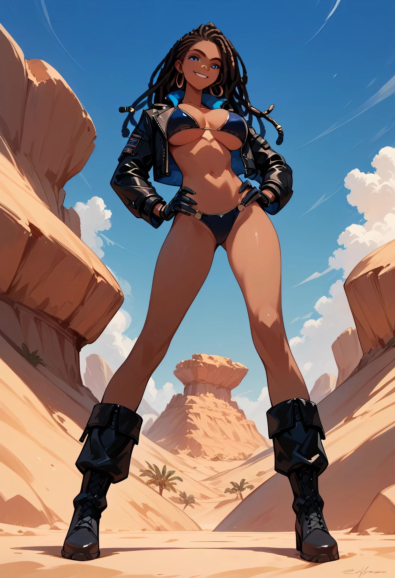 1 woman , brown skin , blue eyes , dreadlock , long hair , black leather jacket , sly face , smile , bikini , abdomen, big breasts , Long legs , gloves , boots , hands on hips , desert , low angle shots