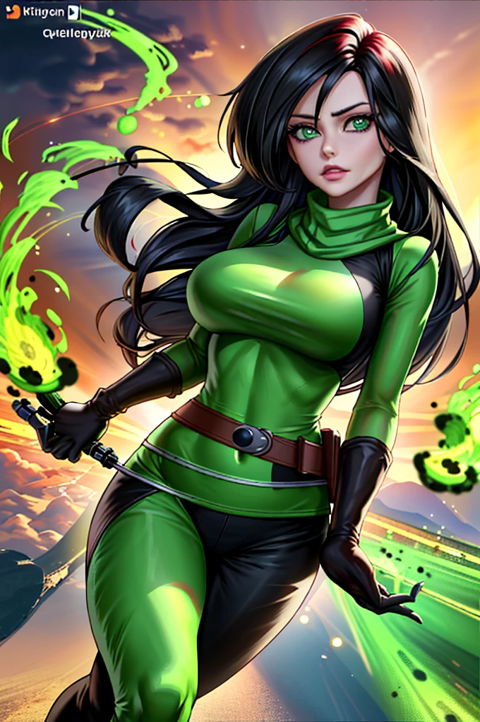  masterpiece, best quality, hight resolution, SH1, green eyes, Gloves, Multicolored Body, Make-up, Cowboy shot, sorcery, hands up,  standing, in the cool, road, green fire, Shego von Kim Possible, Bodysuit, glowing, Radiant Hair, Scarf on the face, Beautiful face, beautiful big doll eyes, glowing doll eyes, fighting position , Anime Style, 4k quality, Realistic picture, --ar 4:7, ( masterpiece, best quality),  complicated details , 8k,sharp focus, 1girls, full entire body, wide view, zoom out 2x, SH1, green eyes, Gloves, Multicolored Body, Make-up,