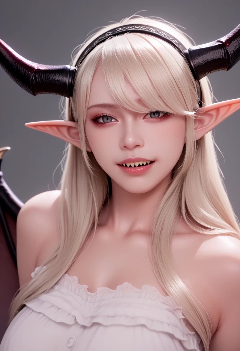 Rosto detalhado, grandes olhos, sharp teeth, hair over eyes, hairband, demon horns, demon wings, long hair, pointy ears, elf,  long blonde hair, demon horns, makeup, sutiã, sutiã, sutiã, sutiã 