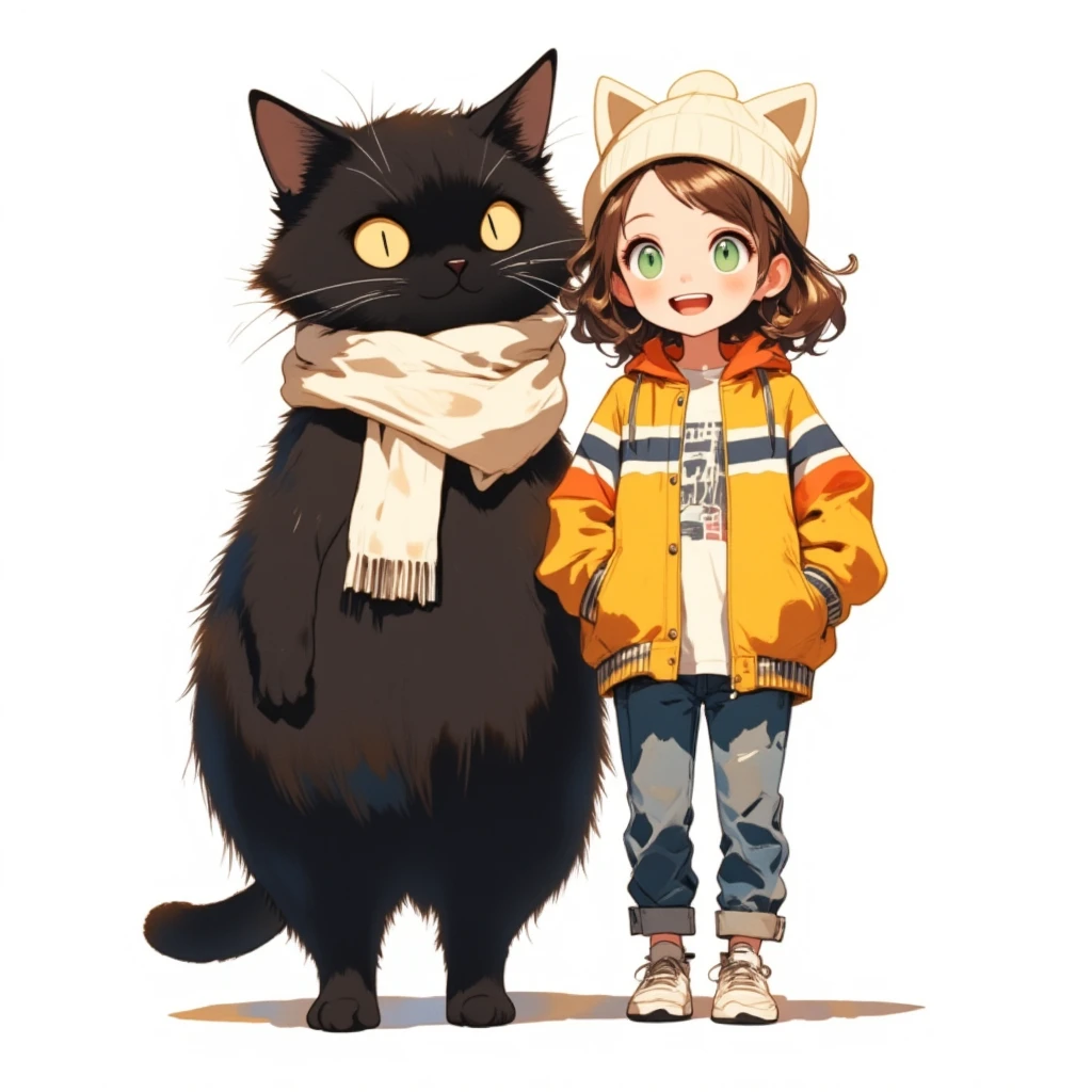 Watercolor painting illustration, upper body, A big-black-cat and A cute-young-lady are standing, A big-black-cat is 1cat\(A fat furry male black cat, wearing a white woolen scarf, His Ears tilted back and spread out to the sides, drooping ears, Slit yellow eyes, slit eyes, slit yellow eyes\), A cute-young-lady is 1lady\(brown hair, asymmetrical hair, Lime Green eyes, smile, Cat ear knit cap, A yellow and orange horizontal striped jacket over white Tee, denim pants, sneakes\), simple white background