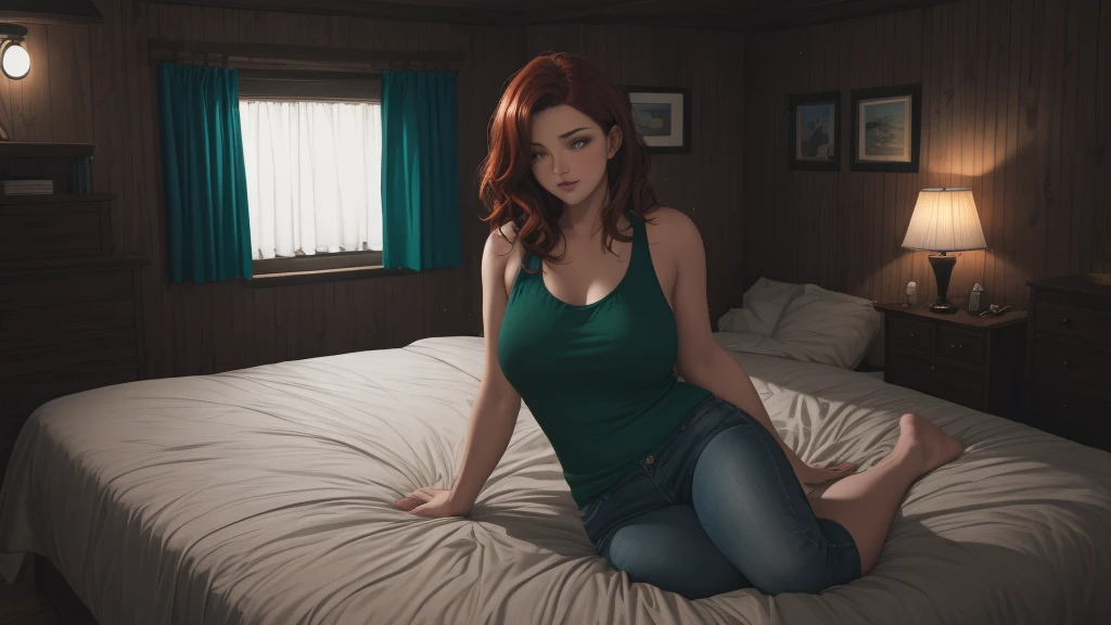 "A cozy and cinematic bedroom with a dark, rainy atmosphere featuring A woman big bobs with short wavy auburn red hair, wearing a lush brown tank top and fit jeans, The woman is laying on bed capture the best position of chill. The room is illuminated by moody neon lights in shades of deep purple and soft green, casting a mysterious and calming glow on the walls. A vintage classic TV is playing static or an old movie, adding a nostalgic touch. Through the large glass window, heavy rain is visible, with water droplets streaming down the glass, creating a serene ambiance. The room features minimalistic furniture, with a comfortable bed and a small nightstand. The scene is rich with detail, evoking a sense of solitude and introspection."
