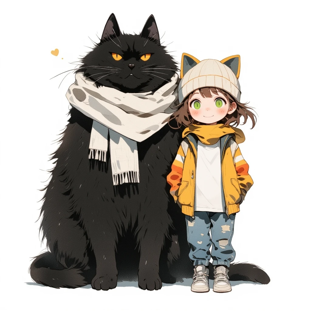 Watercolor painting illustration, upper body, A big-black-cat and A cute-young-lady are standing, A big-black-cat is 1cat\(A fat furry male black cat, wearing a white woolen scarf, His Ears tilted back and spread out to the sides, drooping ears, Slit yellow eyes, slit eyes, slit yellow eyes\), A cute-young-lady is 1lady\(brown hair, asymmetrical hair, Lime Green eyes, smile, Cat ear knit cap, A yellow and orange horizontal striped jacket over white Tee, denim pants, sneakes\), simple white background