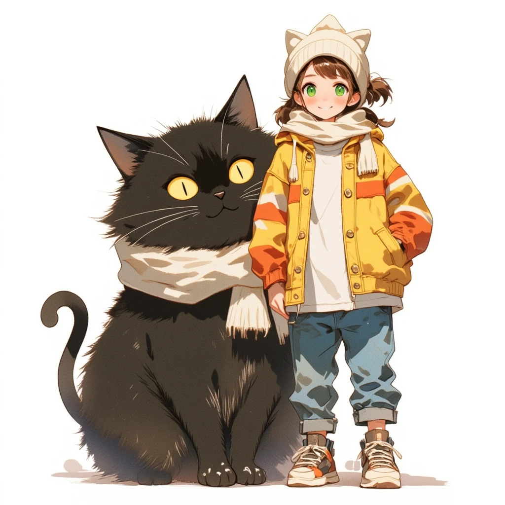 Watercolor painting illustration, upper body, A big-black-cat and A cute-young-lady are standing, A big-black-cat is 1cat\(A fat furry male black cat, wearing a white woolen scarf, His Ears tilted back and spread out to the sides, drooping ears, Slit yellow eyes, slit eyes, slit yellow eyes\), A cute-young-lady is 1lady\(brown hair, asymmetrical hair, Lime Green eyes, smile, Cat ear knit cap, A yellow and orange horizontal striped jacket over white Tee, denim pants, sneakes\), simple white background