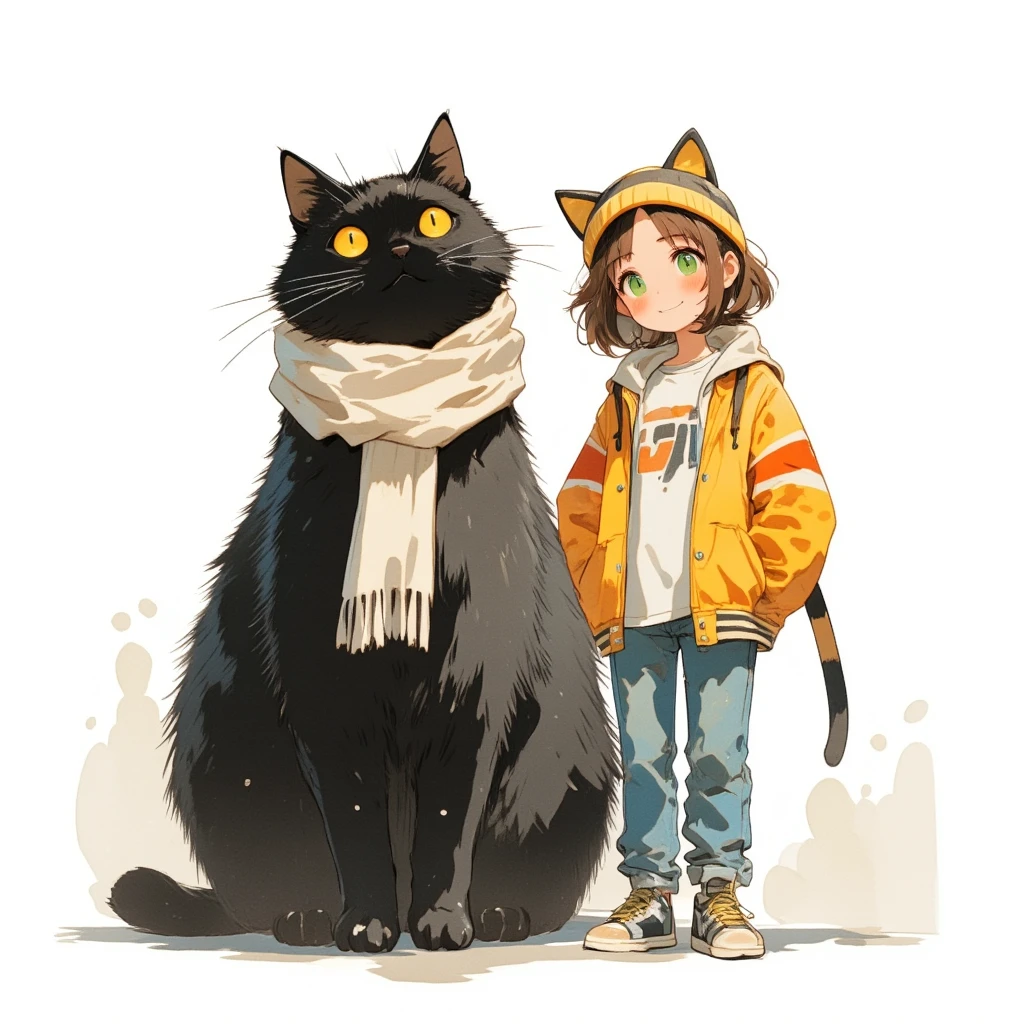 Watercolor painting illustration, upper body, A big-black-cat and A cute-young-lady are standing, A big-black-cat is 1cat\(A fat furry male black cat, wearing a white woolen scarf, His Ears tilted back and spread out to the sides, drooping ears, Slit yellow eyes, slit eyes, slit yellow eyes\), A cute-young-lady is 1lady\(brown hair, asymmetrical hair, Lime Green eyes, smile, Cat ear knit cap, A yellow and orange horizontal striped jacket over white Tee, denim pants, sneakes\), simple white background