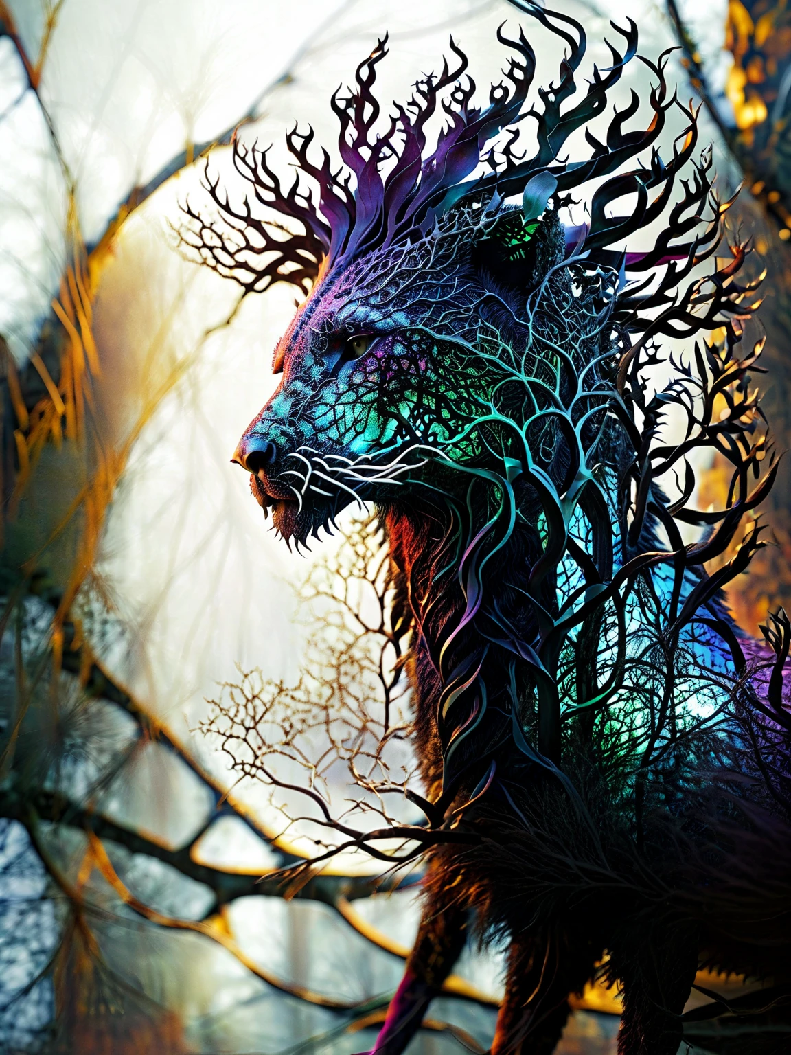 Fractalvines, A majestic lion with a crown made from fractal vines, its coat shimmering with iridescent colors as it roams through a mystical forest. 