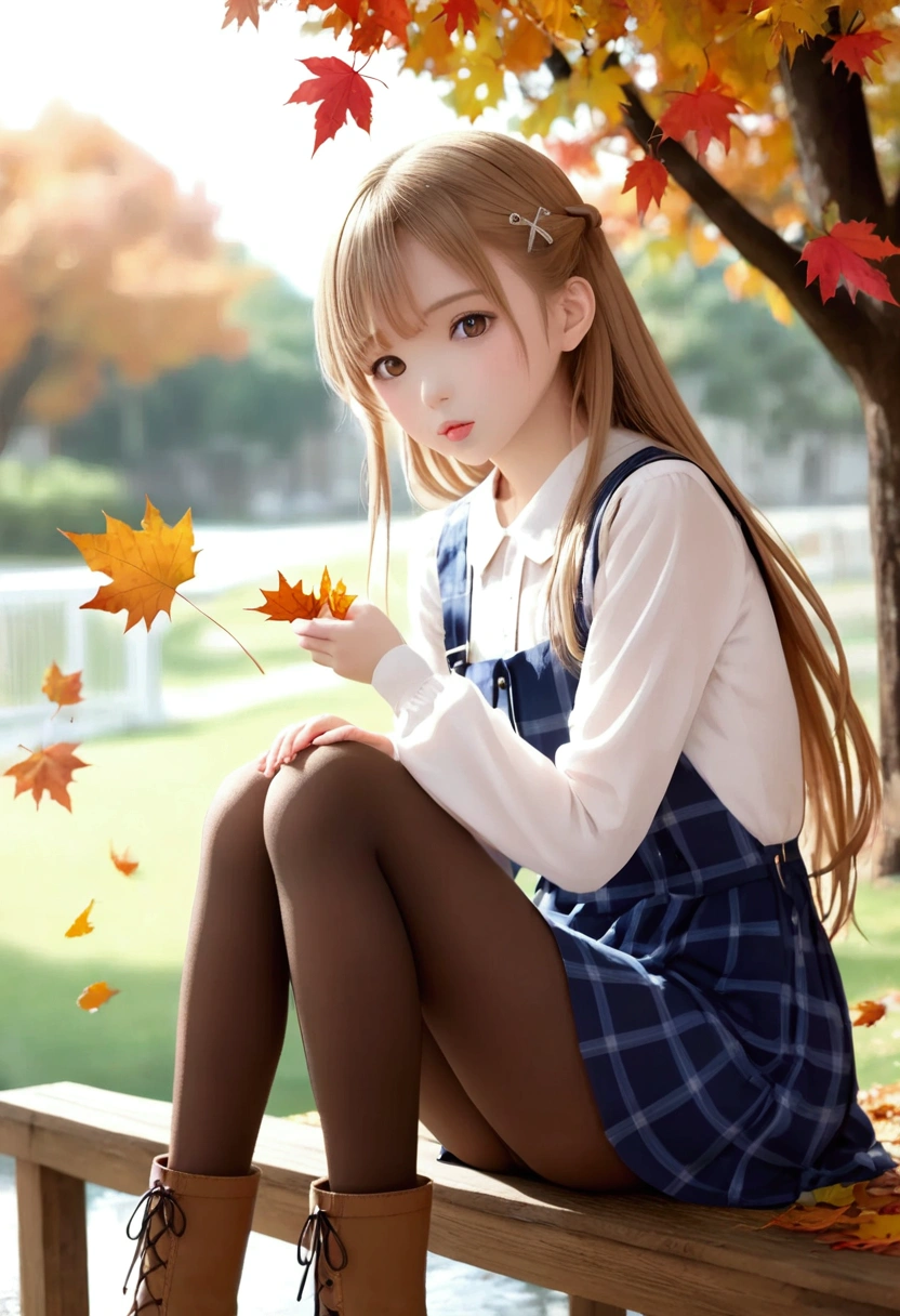 masterpiece,best quality,high quality,(colorful),[Artist miwano rag],[Artist toosaka asagi],[Artist wlop],[Artist chen bin],loli,1girl, solo, autumn leaves, long hair, outdoors, leaf, autumn, blonde hair, sitting, holding leaf, holding, looking at viewer, hair ornament, tree, long sleeves, bangs, x hair ornament, dress, pantyhose, day, plaid, shirt, parted lips, ginkgo leaf, blush, brown eyes, boots, very long hair, falling leaves, maple leaf, blue dress, between legs, brown pantyhose, hairclip, pinafore dress, brown shirt, hand between legs, sky, feet out of frame, brown footwear, floating hair, Magazine cover