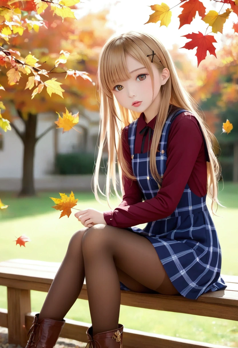 masterpiece,best quality,high quality,(colorful),[Artist miwano rag],[Artist toosaka asagi],[Artist wlop],[Artist chen bin],loli,1girl, solo, autumn leaves, long hair, outdoors, leaf, autumn, blonde hair, sitting, holding leaf, holding, looking at viewer, hair ornament, tree, long sleeves, bangs, x hair ornament, dress, pantyhose, day, plaid, shirt, parted lips, ginkgo leaf, blush, brown eyes, boots, very long hair, falling leaves, maple leaf, blue dress, between legs, brown pantyhose, hairclip, pinafore dress, brown shirt, hand between legs, sky, feet out of frame, brown footwear, floating hair, Magazine cover