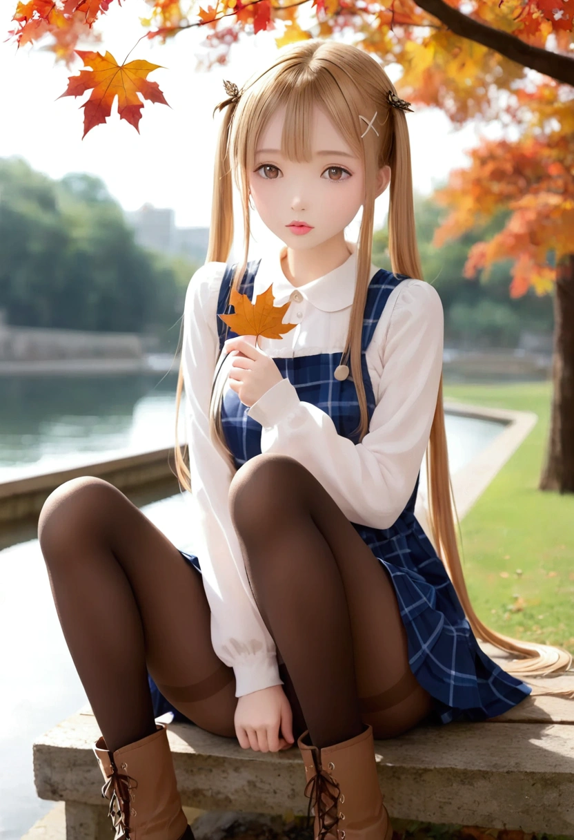 masterpiece,best quality,high quality,(colorful),[Artist miwano rag],[Artist toosaka asagi],[Artist wlop],[Artist chen bin],loli,1girl, solo, autumn leaves, long hair, outdoors, leaf, autumn, blonde hair, sitting, holding leaf, holding, looking at viewer, hair ornament, tree, long sleeves, bangs, x hair ornament, dress, pantyhose, day, plaid, shirt, parted lips, ginkgo leaf, blush, brown eyes, boots, very long hair, falling leaves, maple leaf, blue dress, between legs, brown pantyhose, hairclip, pinafore dress, brown shirt, hand between legs, sky, feet out of frame, brown footwear, floating hair, Magazine cover