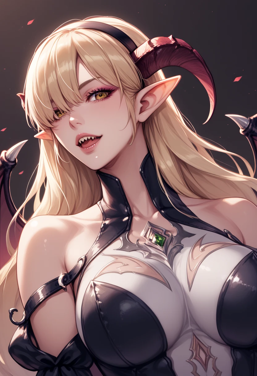 Rosto detalhado, grandes olhos, sharp teeth, hair over eyes, hairband, demon horns, demon wings, long hair, pointy ears, elf,  long blonde hair, demon horns, makeup, sutiã, sutiã, sutiã, sutiã 