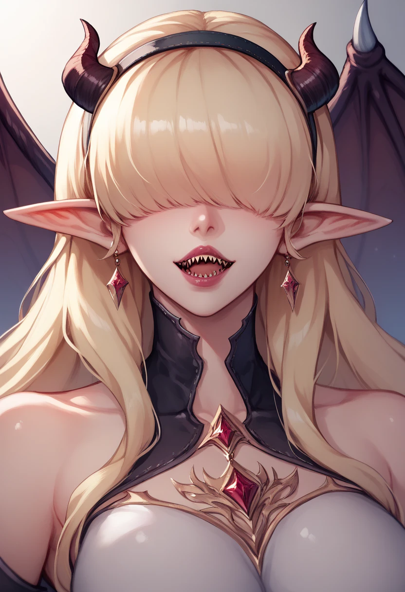 Rosto detalhado, grandes olhos, sharp teeth, hair over eyes, hairband, demon horns, demon wings, long hair, pointy ears, elf,  long blonde hair, demon horns, makeup, sutiã, sutiã, sutiã, sutiã 