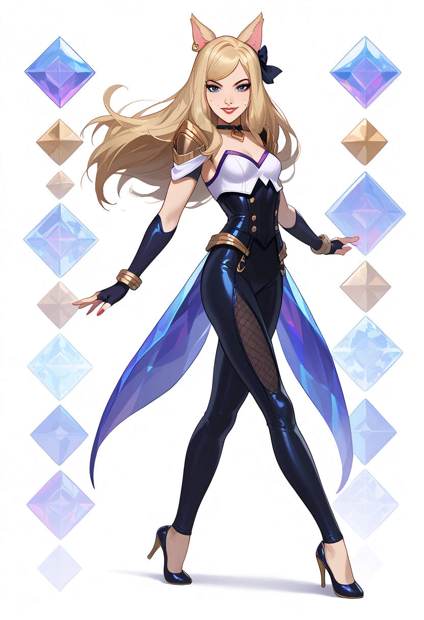 ((full body shot)) KDA Ahri LoL , ((character design sheet)), masterpiece, best quality, highly detailed, score_9, score_8_up, score_7_up, score_6_up, anime font,BREAK , 2girl, long hair, blue eyes, hair bow, small breasts, bow, looking at viewer, freckles, parted lips, smile, full body, red lips, lips, side front, she looks at you, your gauze hurts, fishnets, white background, neutral cast, dance pose, shoulder pads, dominatrix, leather ballet slipper , gold, gloves

