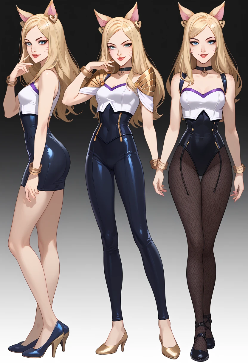 ((full body shot)) KDA Ahri LoL , ((character design sheet)), masterpiece, best quality, highly detailed, score_9, score_8_up, score_7_up, score_6_up, anime font,BREAK , 2girl, long hair, blue eyes, hair bow, small breasts, bow, looking at viewer, freckles, parted lips, smile, full body, red lips, lips, side front, she looks at you, your gauze hurts, fishnets, white background, neutral cast, dance pose, shoulder pads, dominatrix, leather ballet slipper , gold, gloves

