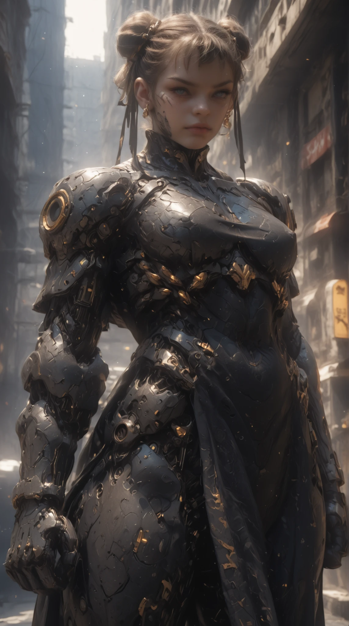 (nsfw:1), (Uncensored:1), score_9, score_8_up, score_7_up, (Three Quarters Shot), A hyper-realistic depiction of Chun-Li as a powerful, futuristic muscular cyborg warrior. She stands confidently in a dramatic cyberpunk environment with neon-lit streets and glowing holographic signs in the background. Her muscular physique is emphasized with intricate, polished cybernetic enhancements covering her arms, legs, and torso, seamlessly blending with her human features. Her iconic blue qipao is reimagined with high-tech materials, reinforced armor plating, and glowing blue accents that pulse with energy. Her buns are adorned with metallic and cybernetic details, and her face retains her strong, determined expression with glowing, piercing blue eyes. The scene features dynamic lighting, with neon blues, purples, and dark metallic tones reflecting off her cybernetic body, creating a dramatic and powerful atmosphere. Her pose is confident and battle-ready, exuding strength and grace in equal measure, arm0rpunkv4, cyberpunk style, CyberRealistic_Negative_PONY-neg,CyberRealistic_Negative_PONY