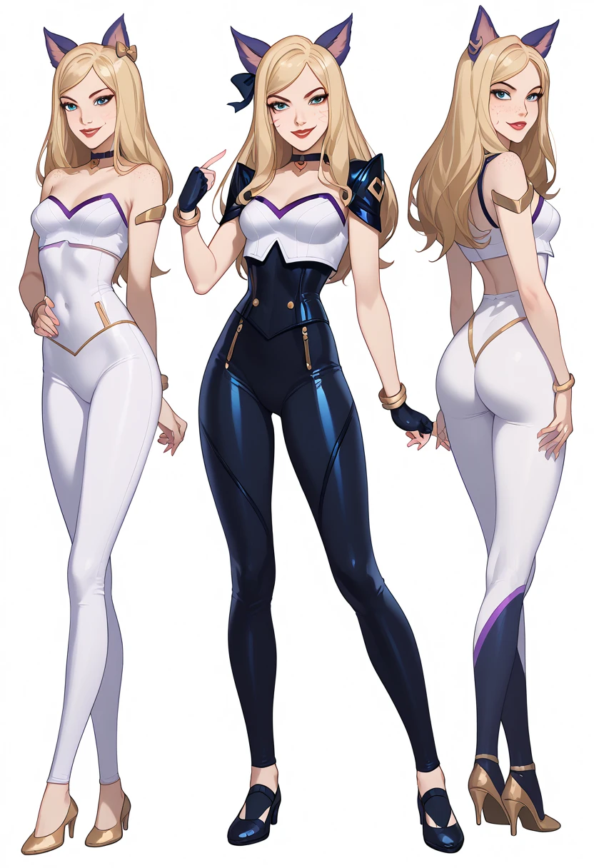 ((full body shot)) KDA Ahri LoL , ((character design sheet)), masterpiece, best quality, highly detailed, score_9, score_8_up, score_7_up, score_6_up, anime font,BREAK , 2girl, long hair, blue eyes, hair bow, small breasts, bow, looking at viewer, freckles, parted lips, smile, full body, red lips, lips, side front, she looks at you, your gauze hurts, fishnets, white background, neutral cast, dance pose, shoulder pads, dominatrix, leather ballet slipper , gold, gloves

