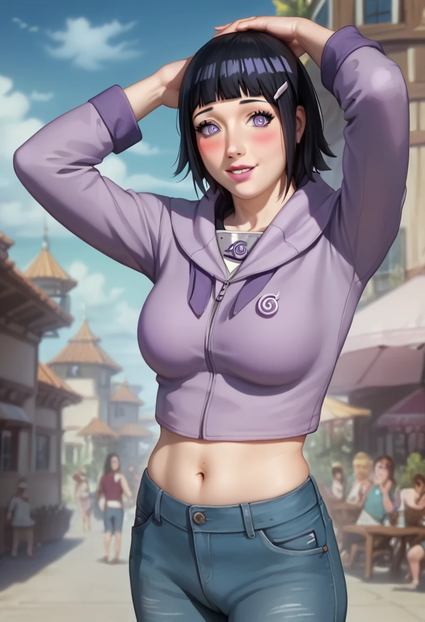  master part , absurdities, Hinata\(boruto\), 1 girl, Alone, mature woman, Purple hood, layered sleeves , short brown jeans sexy,  outdoor, cloudy sky, perfect composition, circumstantial lips,  big breast , Pretty face, Body Proportion, Blush, (pink lips), short black hair (by black), lilac eyes, smooth appearance,  super realistic , circumstantial, photoshoot,  realistic face and body , Realistic hair, realistic eyes, realistic nose, realistic lips, brown jeans, excited, dancing lightly. on your back, with the chin under the shoulder, looking back sensually, sorriso sexy, Mouth closed. different pose.