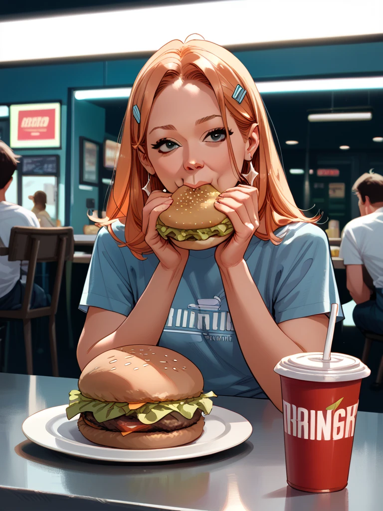  heroin eating a hamburger, Women,  illustration, Eating hamburger score _8_above  