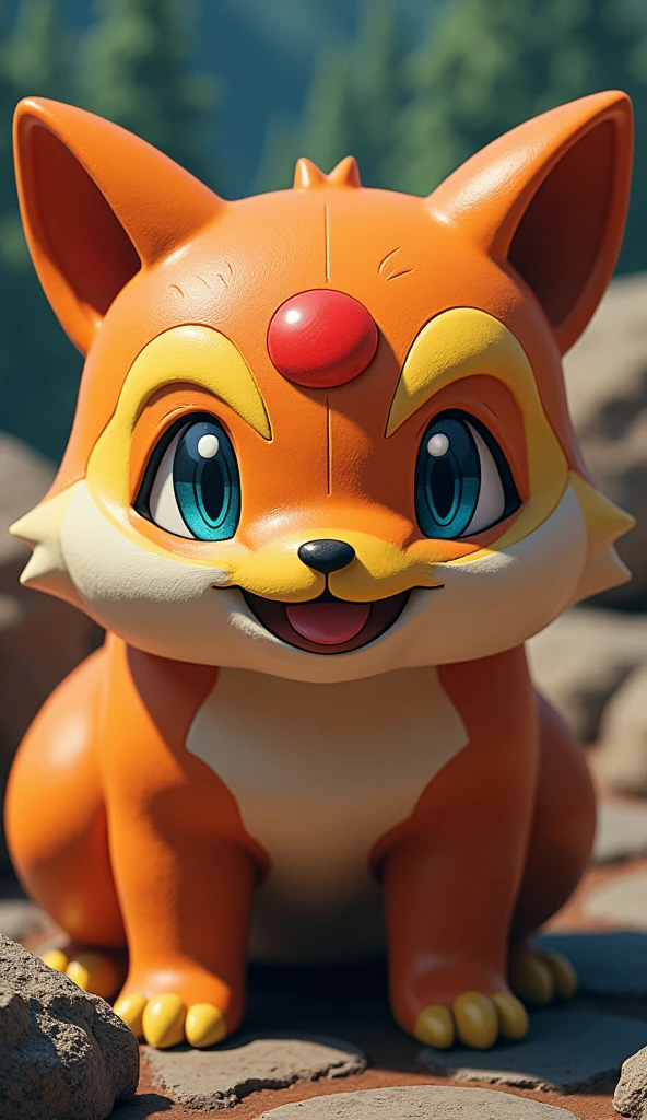 detailed brown and orange fox pokemon, beautiful detailed eyes, beautiful detailed nose, red dot on head, hyper realistic, 8k, photorealistic, masterpiece, cinematic lighting, intricate details, vibrant colors, fantasy art