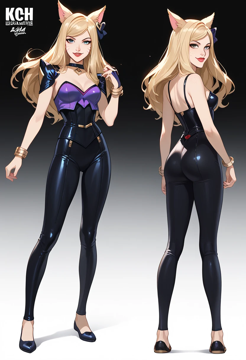 ((full body shot)) KDA Ahri LoL , ((character design sheet)), masterpiece, best quality, highly detailed, score_9, score_8_up, score_7_up, score_6_up, anime font,BREAK , 2girl, long hair, blue eyes, hair bow, small breasts, bow, looking at viewer, freckles, parted lips, smile, full body, red lips, lips, side front, she looks at you, your gauze hurts, fishnets, white background, neutral cast, dance pose, shoulder pads, dominatrix, leather ballet slipper , gold, gloves

