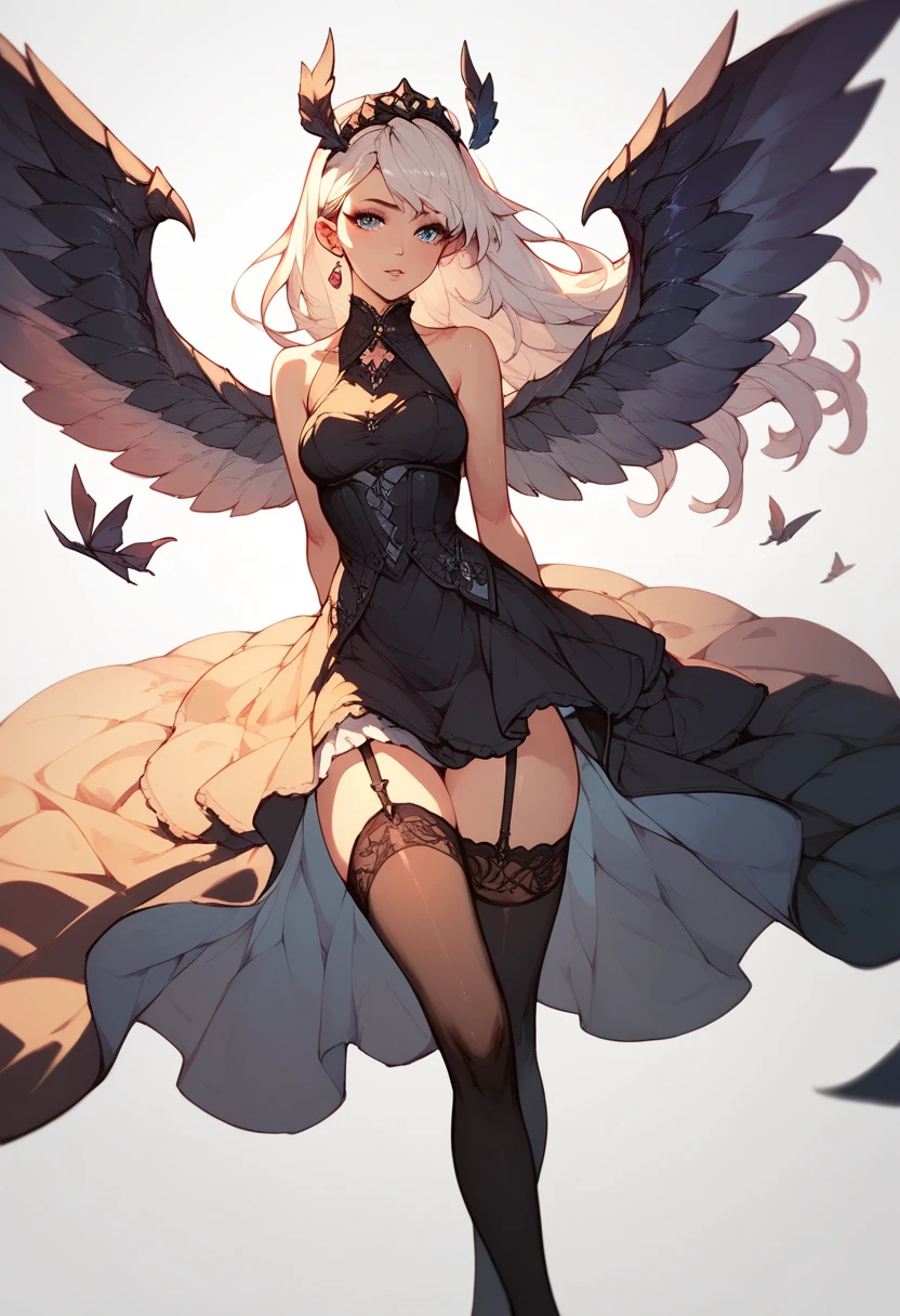 thighhighs, wings, long hair, arms behind back, garter straps, bare shoulders, black thighhighs, dress, sleeveless