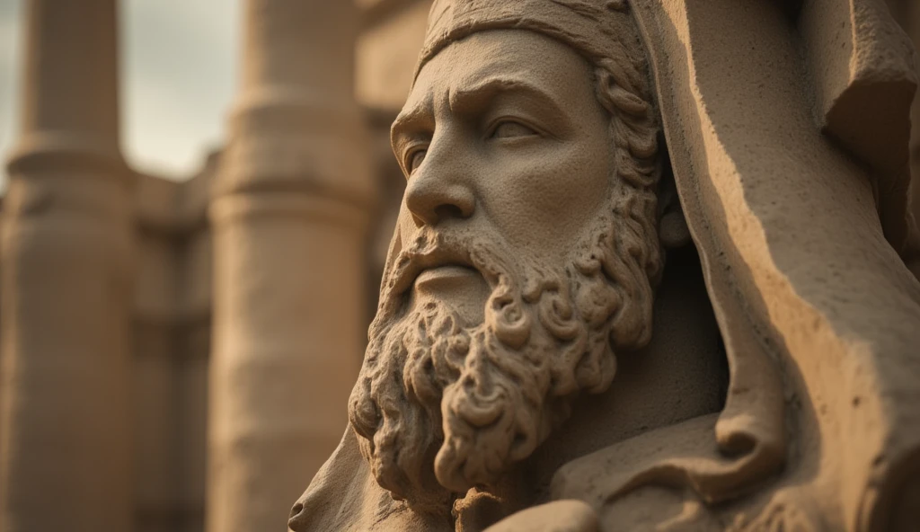 Closeup of a stoic Greek sculpture, virile physiques showcased prominently from the forefront, undeniably reminiscent of a statue of Marcus Aurelius or Zeus, muscle sinews intricately carved in stone, dominant Greek columns obscured gently in the background, cinematic ambiance, 8K resolution, steeped in obsidian hues.