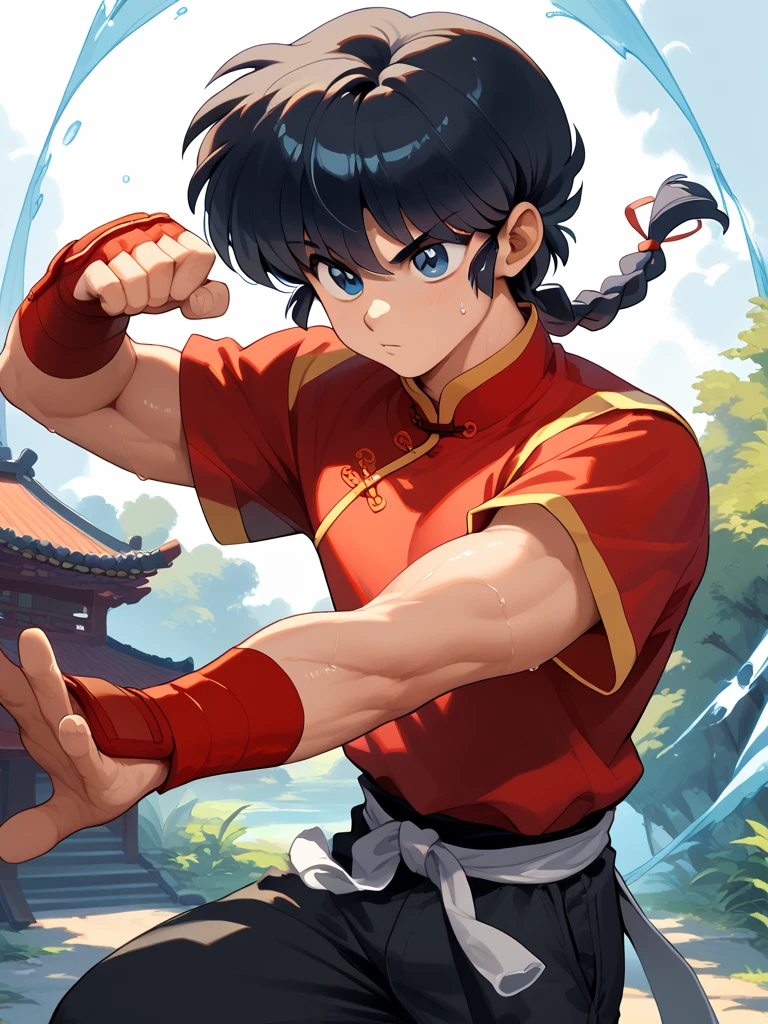 1 boy, male focus, (male:1.4), black hair, single braid, ranma, blue eyes, coloring, Chinese clothing, tangzhuang, red shirt, prominent veins, tied pants, black pants, dynamic poses , ((fighting poses)), big shoulders,sweat