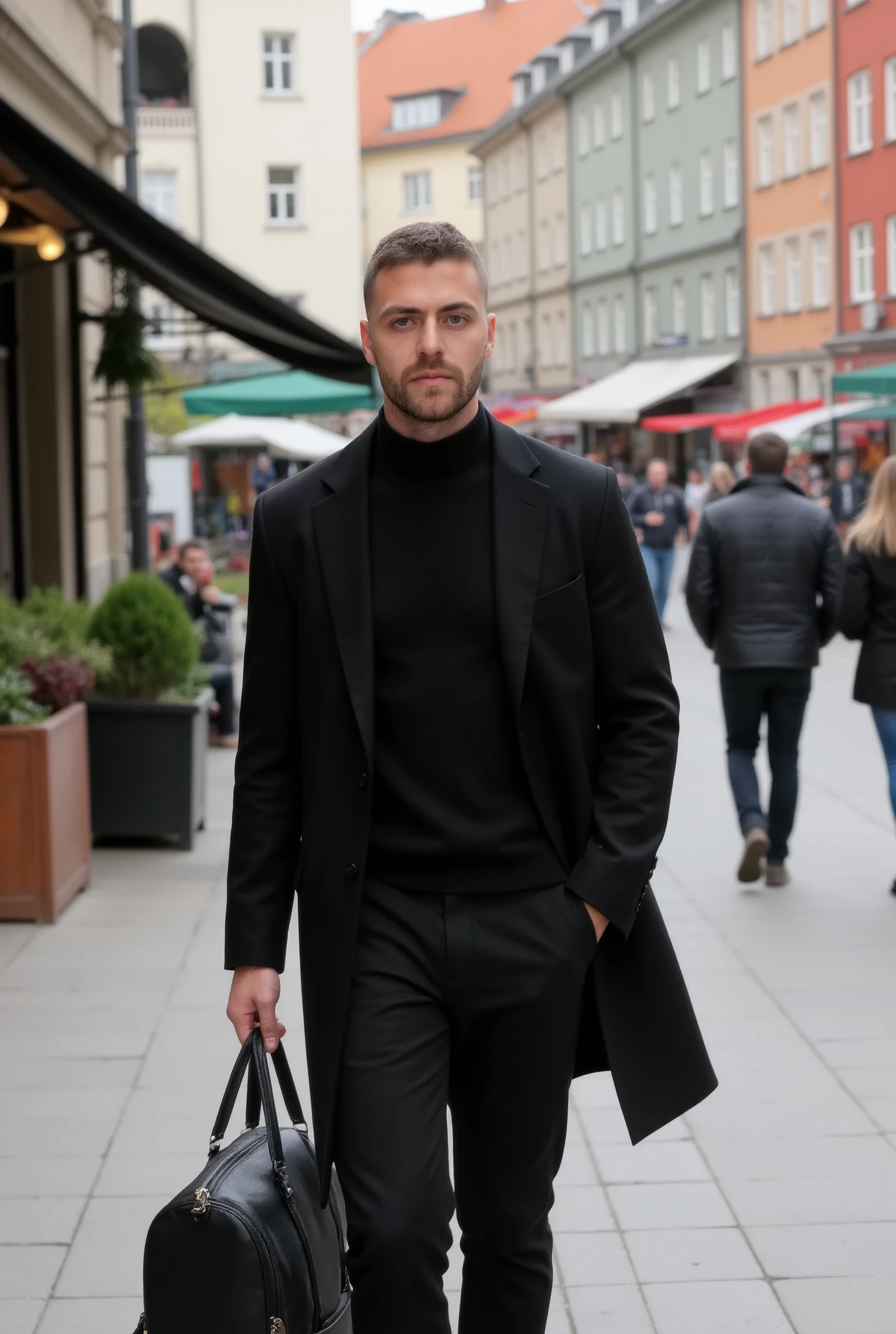 "A young man walks through an urban environment in Stockholm Sweden, dressed in a modern, casual outfit that balances comfort and style. His hair is a short buzz haircut. He is dressed in an all-black outfit that consists of a sleek, tailored coat over a dark sweater, adding depth and elegance to his casual yet refined style. A black backpack hangs comfortably over his shoulder, its structure and details adding a polished contrast to his casual attire.
