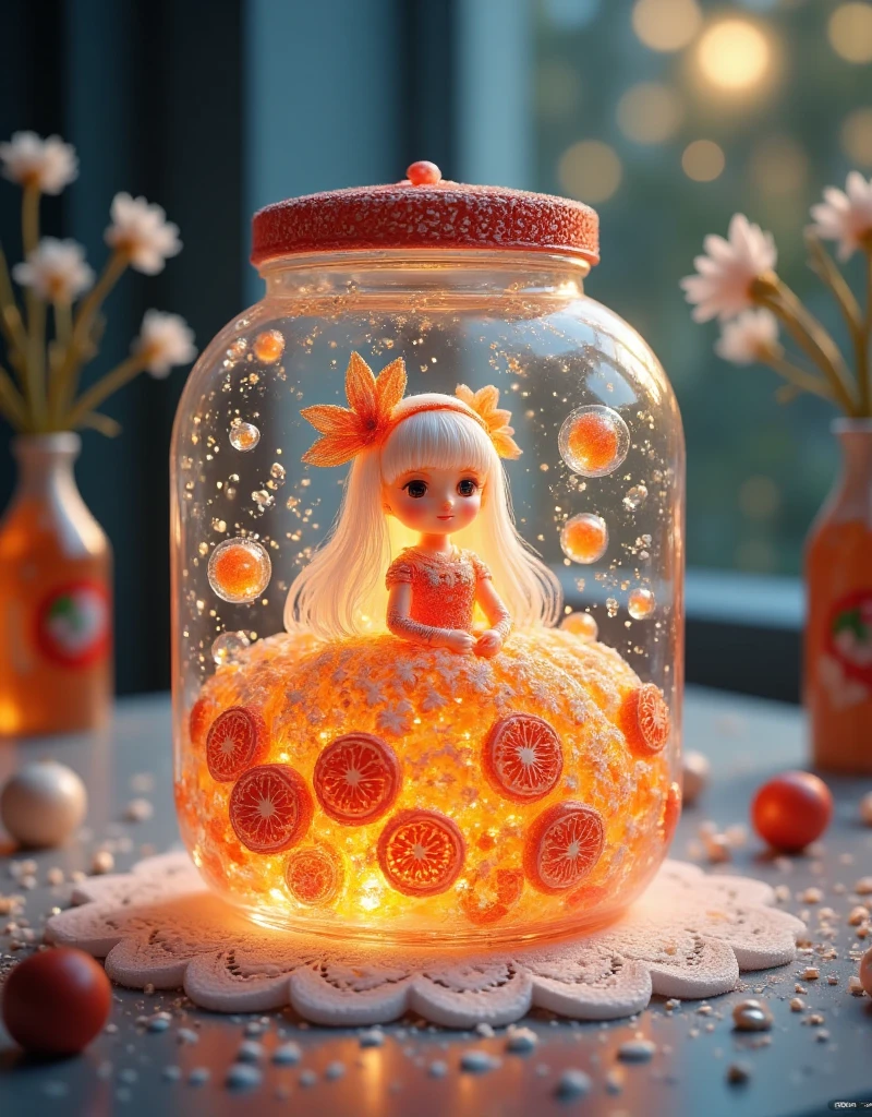 (masterpiece), (best quality), illustration, ultra detailed, hdr, Depth of field, (colorful), li,(flowers background:1.45),(transparent background:1.3)(an extremely delicate and beautiful girl inside of glass jar:1.2), (glass jar:1.35),(solo:1.2), (full body), (beautiful detailed eyes, beautiful detailed face:1.3), (sitting ), (very long silky hair, float white hair:1.15), (medium_breasts, tally and skinny:1.2), (Colorful dress:1.3), (extremely detailed lace:0.3), (insanely detailed frills:0.3),(hairband , orange hair_ornament:1.25),orange cans,water surface,full body,(bottle filled with orange water,bottle filled with Fanta:1.25), (many fruits in jar, many Sliced_fruits in jar:1.25), (many bubbles:1.25),