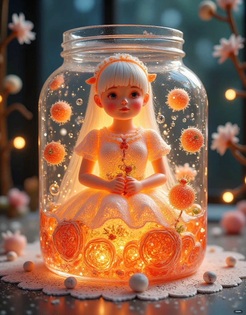 (masterpiece), (best quality), illustration, ultra detailed, hdr, Depth of field, (colorful), loli,(flowers background:1.45),(transparent background:1.3)(an extremely delicate and beautiful girl inside of glass jar:1.2), (glass jar:1.35),(solo:1.2), (full body), (beautiful detailed eyes, beautiful detailed face:1.3), (sitting ), (very long silky hair, float white hair:1.15), (medium_breasts, tally and skinny:1.2), (Colorful dress:1.3), (extremely detailed lace:0.3), (insanely detailed frills:0.3),(hairband , orange hair_ornament:1.25),orange cans,water surface,full body,(bottle filled with orange water,bottle filled with Fanta:1.25), (many fruits in jar, many Sliced_fruits in jar:1.25), (many bubbles:1.25),