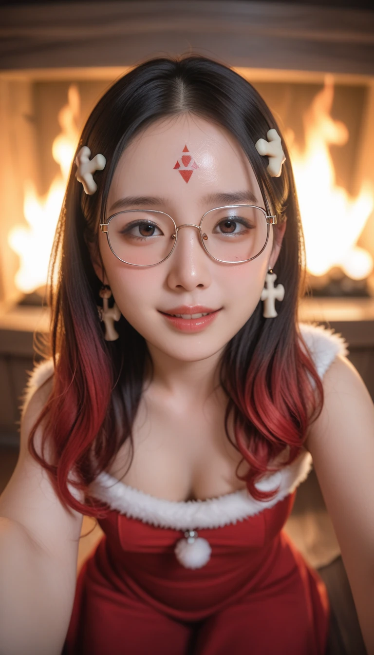 A realistic portrait of a beautiful young Asian girl dressed in a tight red Santa dress posing elegantly in front of a cozy fireplace, She holds a Christmas present with a charming smile, The background features warm lighting and festive red and gold decorations emphasizing a romantic and sexy atmosphere, Studio setting, POV angle, multicolored hair, gradient hair, shiny hair, facepaint, forehead mark, rimless eyewear, covered eyes, bone hair ornament, mole under eye, shy, blush, parted lips, heavy breathing, chromatic aberration abuse, chromatic aberration, cinematic lighting, reflection light, depth of field, UHD, textured skin, anatomically correct, super detail, high details, high quality, award winning, best quality, highres, accurate, masterpiece