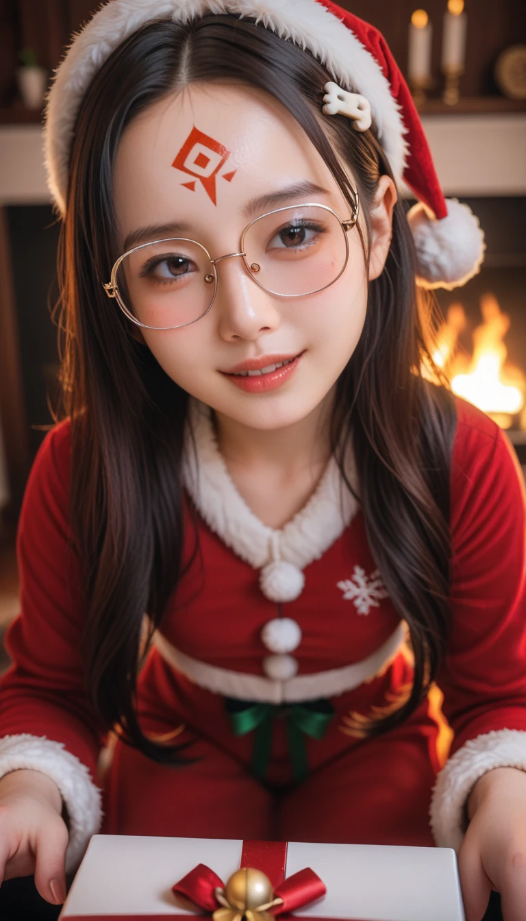 A realistic portrait of a beautiful young Asian girl dressed in a tight red Santa dress posing elegantly in front of a cozy fireplace, She holds a Christmas present with a charming smile, The background features warm lighting and festive red and gold decorations emphasizing a romantic and sexy atmosphere, Studio setting, POV angle, multicolored hair, gradient hair, shiny hair, facepaint, forehead mark, rimless eyewear, covered eyes, bone hair ornament, mole under eye, shy, blush, parted lips, heavy breathing, chromatic aberration abuse, chromatic aberration, cinematic lighting, reflection light, depth of field, UHD, textured skin, anatomically correct, super detail, high details, high quality, award winning, best quality, highres, accurate, masterpiece