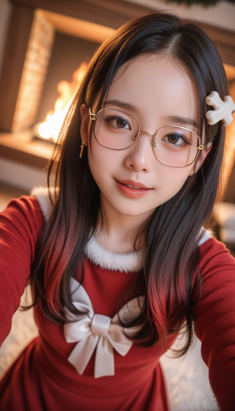 A realistic portrait of a beautiful young Asian girl dressed in a tight red Santa dress posing elegantly in front of a cozy fireplace, She holds a Christmas present with a charming smile, The background features warm lighting and festive red and gold decorations emphasizing a romantic and sexy atmosphere, Studio setting, POV angle, multicolored hair, gradient hair, shiny hair, facepaint, forehead mark, rimless eyewear, covered eyes, bone hair ornament, mole under eye, shy, blush, parted lips, heavy breathing, chromatic aberration abuse, chromatic aberration, cinematic lighting, reflection light, depth of field, UHD, textured skin, anatomically correct, super detail, high details, high quality, award winning, best quality, highres, accurate, masterpiece