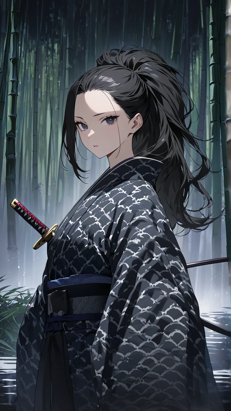  top quality, masterpiece,  high definition , 
Eight million,  1 girl ,  closeup ,  dark eyes,  black hair,   ponytail,  long hair,  's hair was pulled back by fajyobore , , Alone, looking at viewer,Bamboo forest background , in the middle of the night,Up to the thighs, dark eyes, Slender,Slightly toned body ,up to the knee
Open your mouth slightly , chest,A little glare, under the kimono
Open the cloud pattern kimono ,Samurai girl,腰にKatanaを身につけている,Katana,