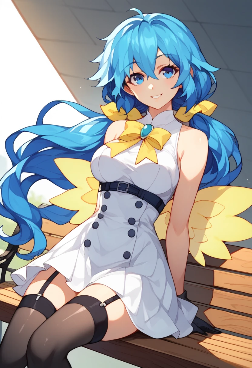 score_9,score_8_up,score_7_up,source_anime,zPDXL3, *//*,H_yoshi0n,blue hair,long hair,blue eyes,medium breasts,yellow ribbon, low twintails, gloves, long hair, thighhighs, wings, long hair, arms behind back, garter straps, bare shoulders, black thighhighs, dress, sleeveless, smile, looking at viewer, breasts, sleeveles, *//*,wooden bench,sitting,smile,from below,looking at viewer,cowboy shot,dutch angle,dynamic pose, solo, 1girl