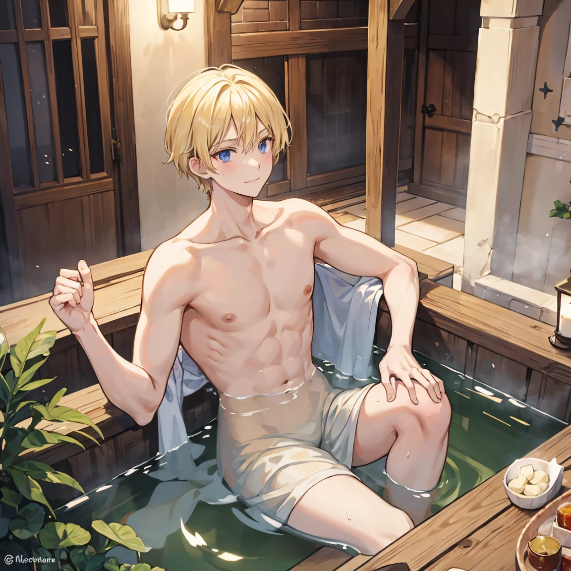 A blond merchant man is taking a bath in a medieval public bath and has an ecstatic expression