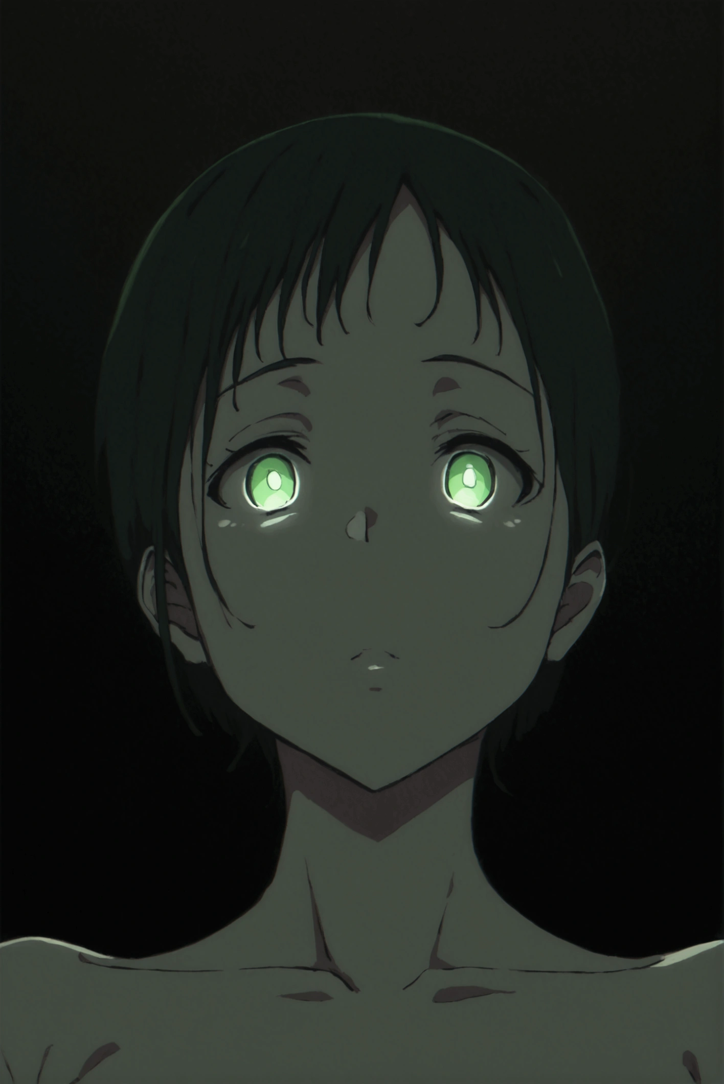 pt,Completely naked, Color Difference，green色のネオン，Dynamite Body， uneasy expression，girl standing in the dark，Leaning against a wall、Kawagami Mai、green　 Color Difference， side ponytail ， with a bleak expression， standing girl, Black Wall and Floor ,indirect lighting, anime style ,NO pose ,standing , fullbody , ,（ top quality，4K）, Sharp Body,Dim lighting, Detailed Body ,No windows,Healthy Body, sensual body line,Waistline、,Hip bone,pt, Line Art，kawakami mai，Big Breasts，Teardrop， Color Difference， dramatic lighting ，green色のネオン， Angle from Below ，