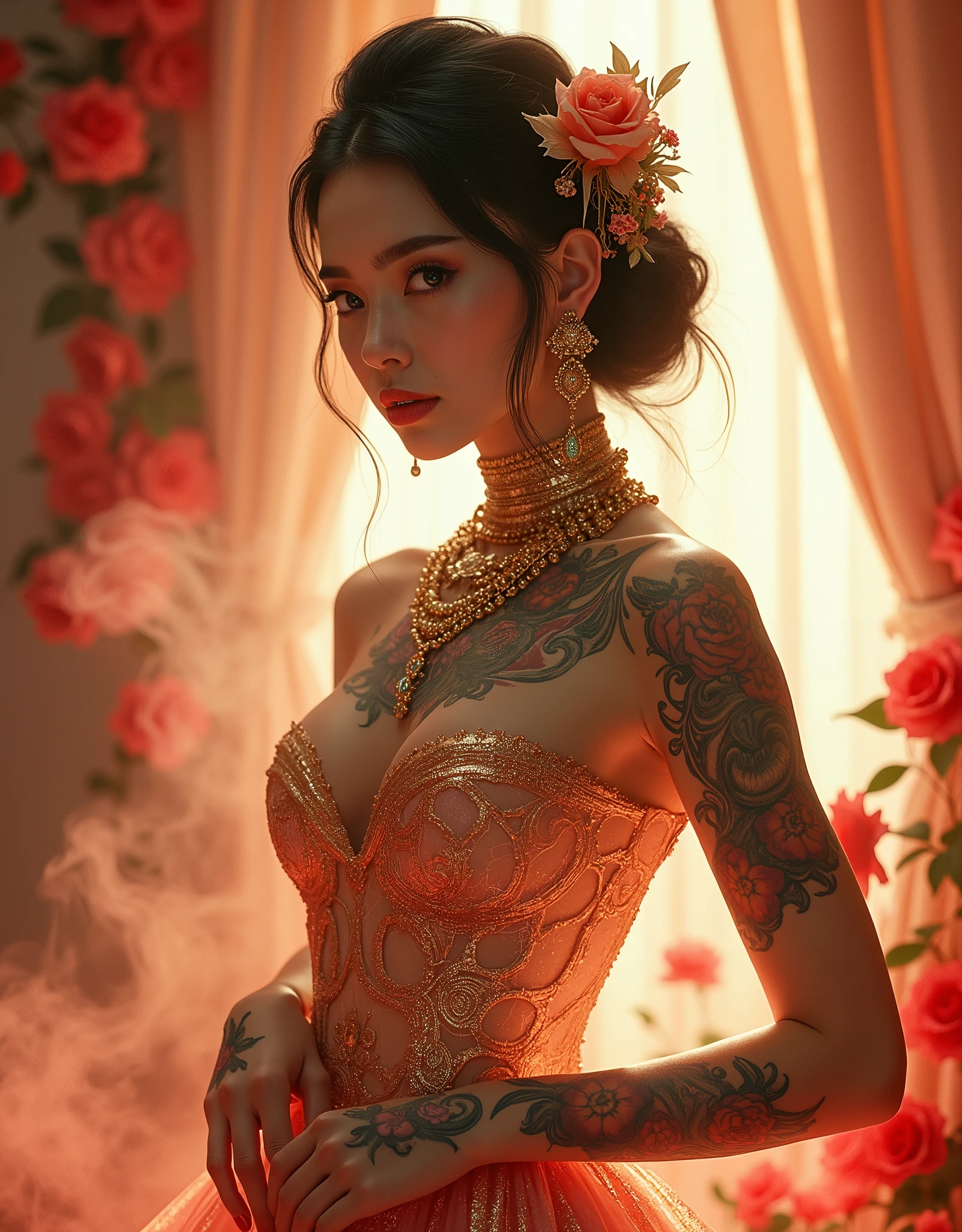 fashion wicked game eyes, rubin diamondearings, nude sexy big tits with nipples open bra open highly detailed red lips hyper all details glam front view japanies nude beautiful model crystal and large pearlsswarowsky chocker full front body with flower in the hair with japan style symmetric tattoo and sakura large flowers covered full body and red little paradise is sitting on the flower include hands comes from hips to the tits and waves black background photography in studio curve model 24 years 35 mm shot from the back 8k uhd soft light box cinematic volumetric