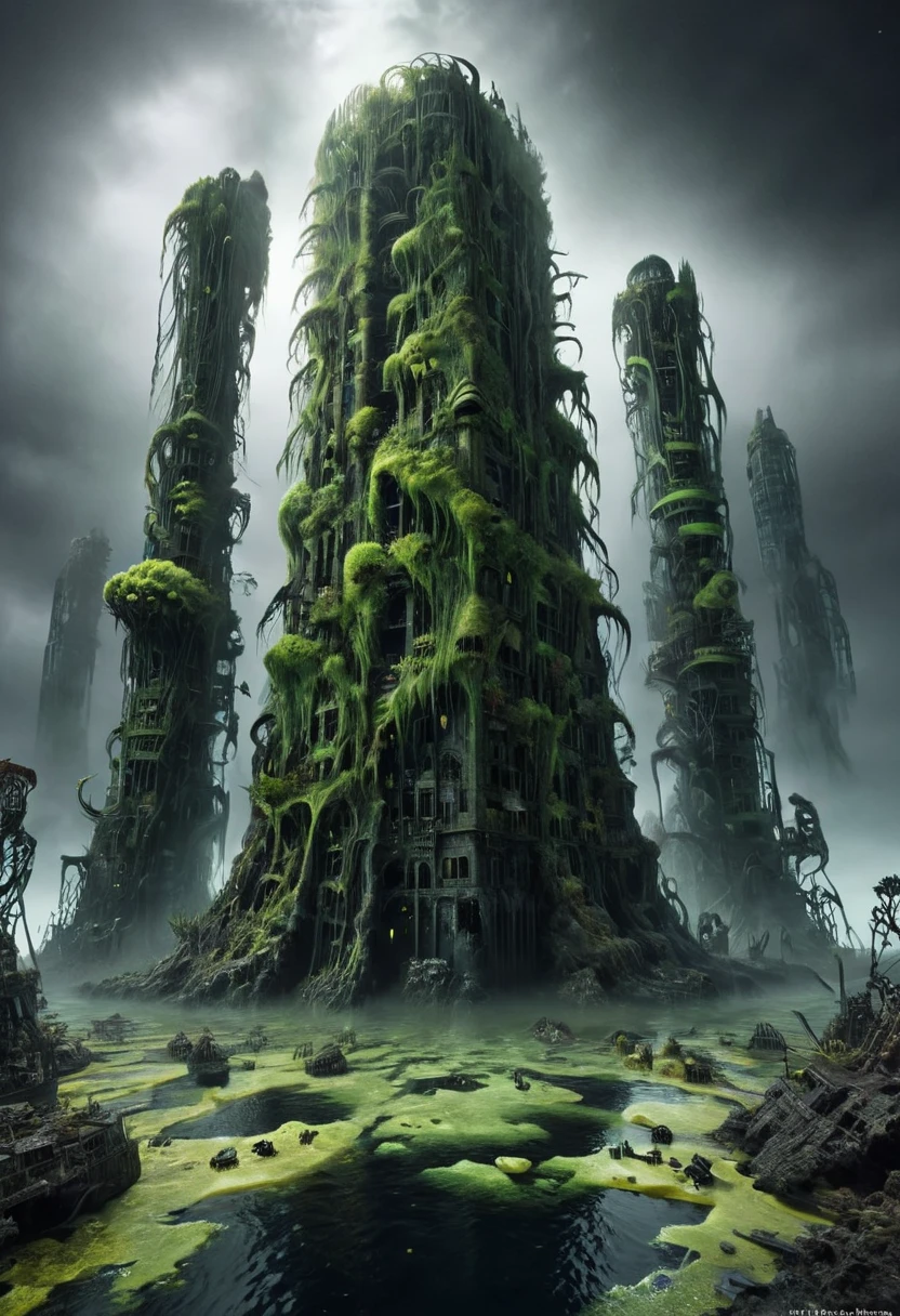 Dark tower emerging from the depths of the ocean, covered with algae; it has a gloomy appearance