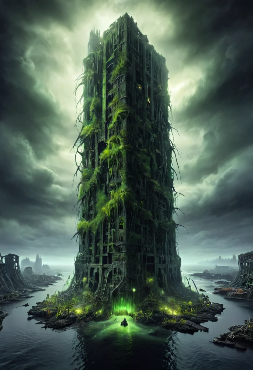 Dark tower emerging from the depths of the ocean, covered with algae; it has a gloomy appearance