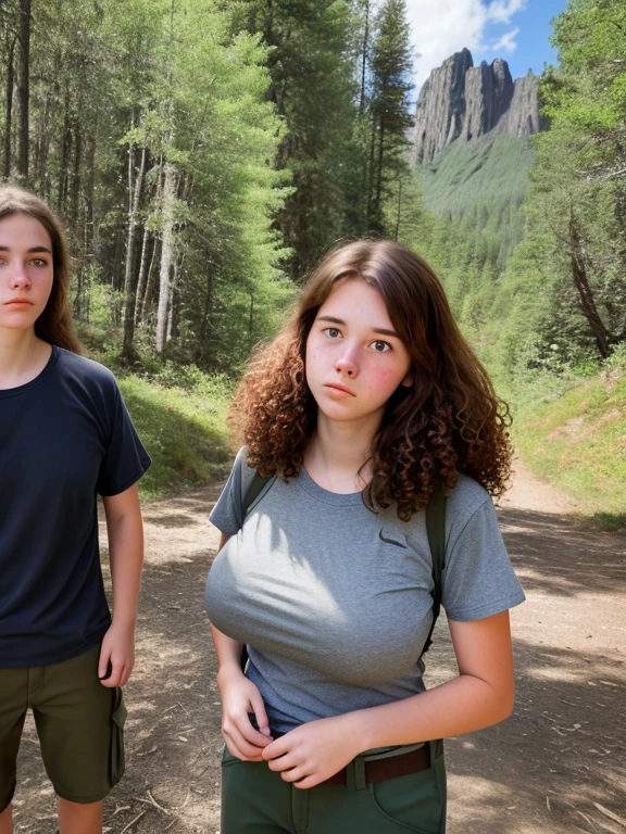 19-year-old lithe American woman, tired, out-of-breath, curly dark auburn hair, plain tee shirt, cargo pants, hiking boots, (long hair), (((big giant enormous oversized massive huge colossal breasts))), back country hiking in the mountains