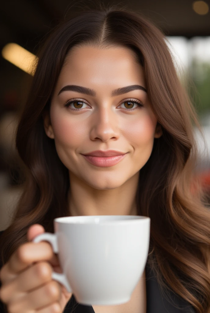 there is a young girl zendaya holding a cup of coffee in her hand, girl cute-fine-face, cute natural texture face, with elegant - fine - face, young actractive face, beautiful Amarican Celebrity girls face, brown hair and large eyes, hot air hostessgirl, beautiful light big eyes, zendaya