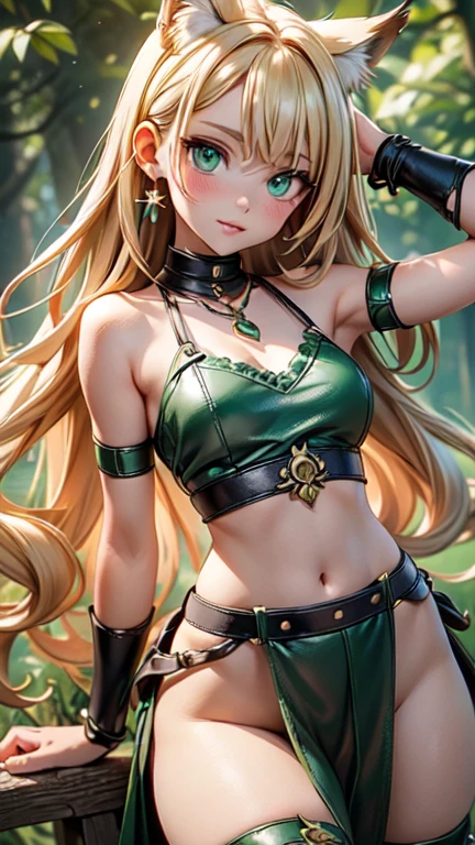 (Raw photo:1.2), (Photorealistic), Beautiful detailed girl, Very detailed eyes and face, Beautiful detailed eyes, Huge file size, High resolution, Very detailed, Best Quality, [masterpiece:1.6], Illustration, Very detailed, Fine detail, Best Quality, 32K Wallpaper, in fairy forest, mystical old trees, intricate details, beautiful young rogue girl, short height, medium breast, gentle smile, low cut leather tanga and bra, green cape, daggers, full body photo, back view