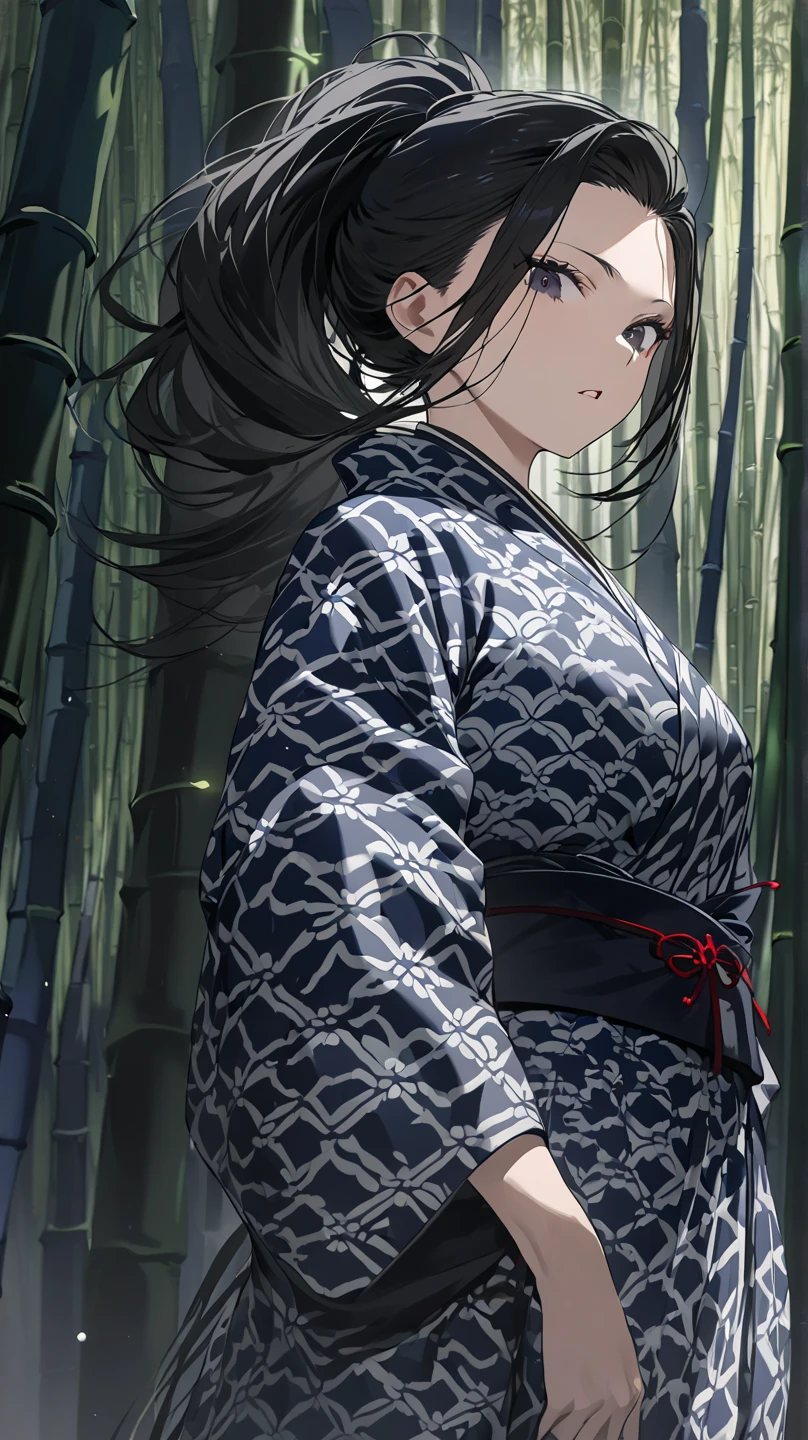  top quality, masterpiece,  high definition , 
Eight million,  1 girl ,  closeup ,  dark eyes,  black hair,   ponytail,  long hair,  's hair was pulled back by fajyobore , , Alone, looking at viewer,Bamboo forest background , in the middle of the night,Up to the thighs, dark eyes, Slender,Slightly toned body ,up to the knee
Open your mouth slightly , chest,A little glare, under the kimono
Open the cloud pattern kimono , Long Skirt,Samurai girl,腰にKatanaを身につけている,Katana(Draw in a larger size )