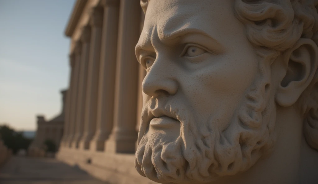 Closeup of a stoic Greek sculpture, virile physiques showcased prominently from the forefront, undeniably reminiscent of a statue of Marcus Aurelius or Zeus, muscle sinews intricately carved in stone, dominant Greek columns obscured gently in the background, cinematic ambiance, 8K resolution, steeped in obsidian hues.