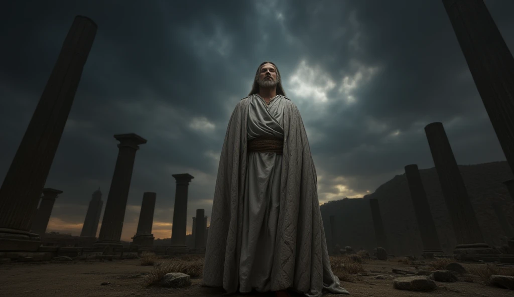 Ancient Greece, stoic philosopher looking up, dark theme, 8k, cinematic