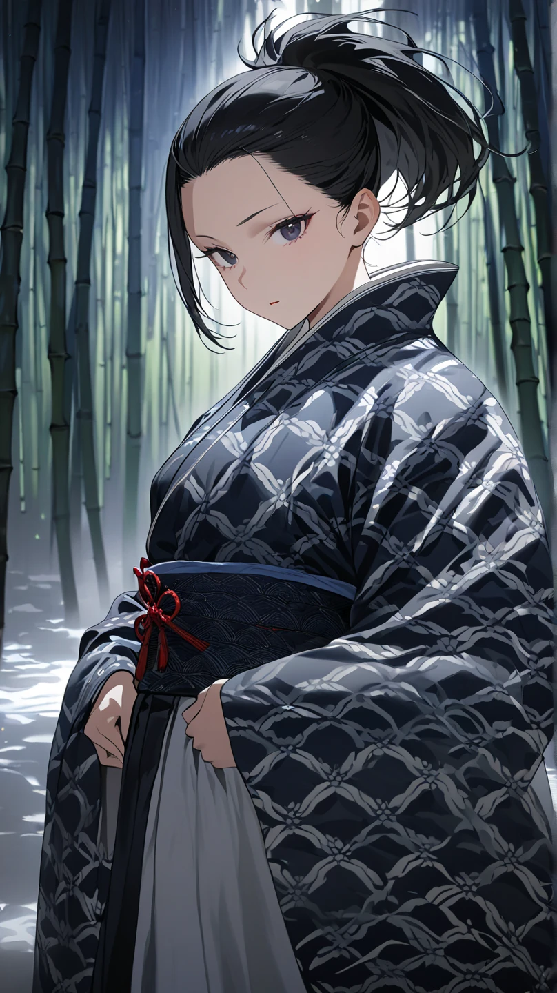  top quality, masterpiece,  high definition , 
Eight million,  1 girl ,  closeup ,  dark eyes,  black hair,   ponytail,  long hair,  's hair was pulled back by fajyobore , , Alone, looking at viewer,Bamboo forest background , in the middle of the night,Up to the thighs, dark eyes, Slender,Slightly toned body ,up to the knee
Open your mouth slightly , chest,A little glare, under the kimono
Open the cloud pattern kimono , Long Skirt,Samurai girl,腰にKatanaを身につけている,Katana(Draw in a larger size ),Hands behind your back