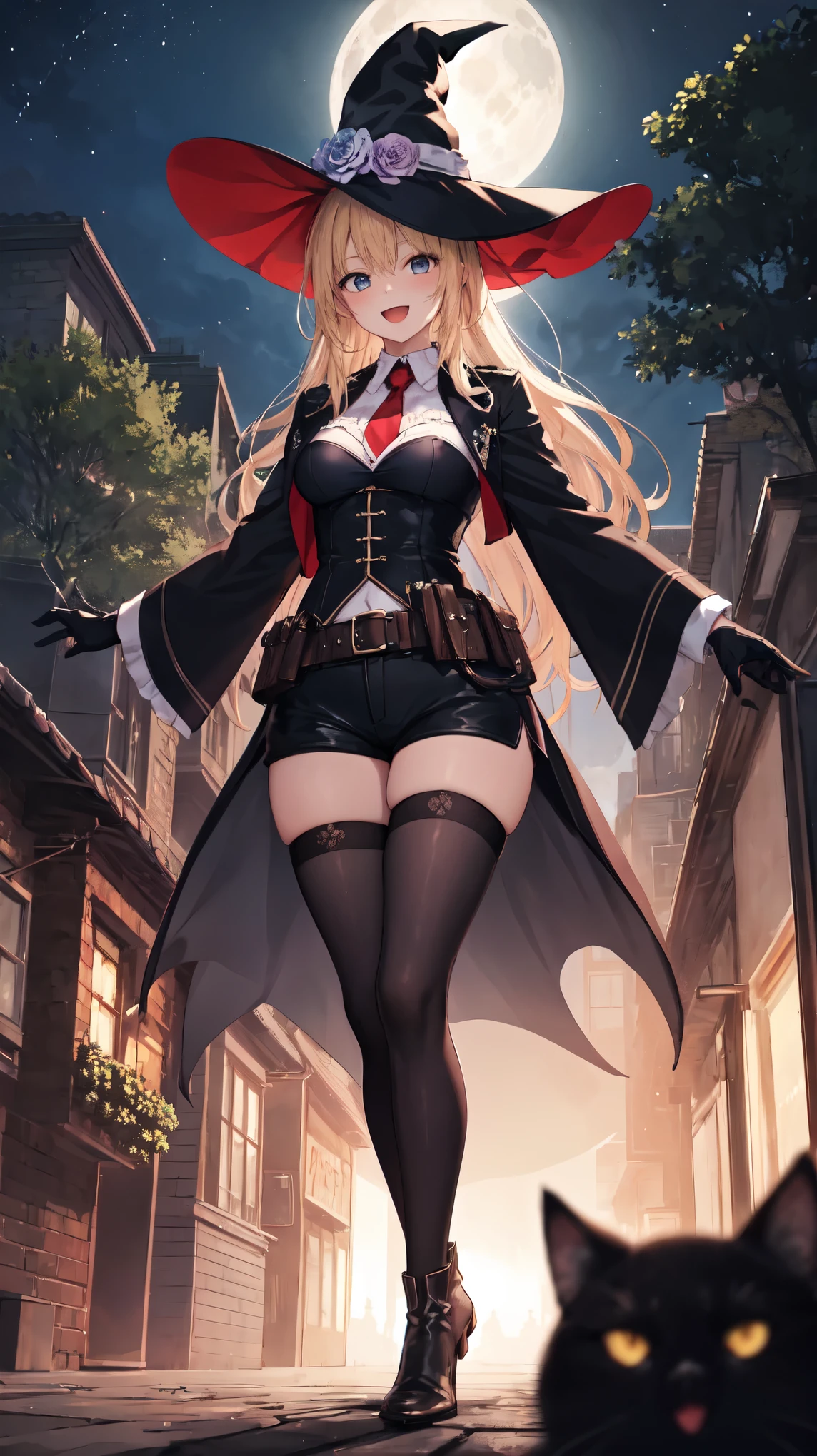 best quality, integrated scenery, integrated background, extremely delicate and beautiful, meticulous details, good composition, , cute face, perfect face, perfect hands,masterpiece, best quality, witch hat, black gloves, thighhighs, looking at viewer, smile, night, trees, black_cats, crows, moon  ,medium_breasts,dark_night_town_landscape cutout, looking at viewer, big_smile , old_town,happy,young_,full_of_beans,blond_hair,laugh,:D,open_mouth, glower,rise_knee,short_shorts,short_boots,happy, Hooray_posing,rise_arms,large_flower_ornaments,red_tie,front_closed_black_military_jacket,large_loose_belts,chest_pockets,