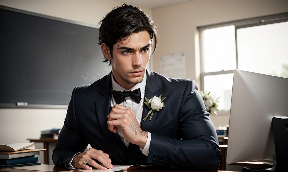 realistic. gorgeous masculine stern outraged nervous flushed male teacher. focus on wedding band.