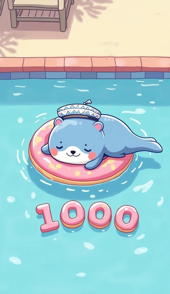 A cute illustration of a blue sea otter sleeping on a swimming ring on a pool. The swimming ring and 2 other floaties beside it forms the word "1000". The sea otter is wearing a beret hat with blue and white wavy patterns, with a tail that resembles a paintbrush. The sea otter smiles adorably at the viewer. The illustration is pastel-colored, giving it a cute and playful expression. The overall color palette is bright and cheerful, with soft pinks, blues, and yellows, creating a fun, lighthearted atmosphere. The entire scene feels charming and whimsical.
